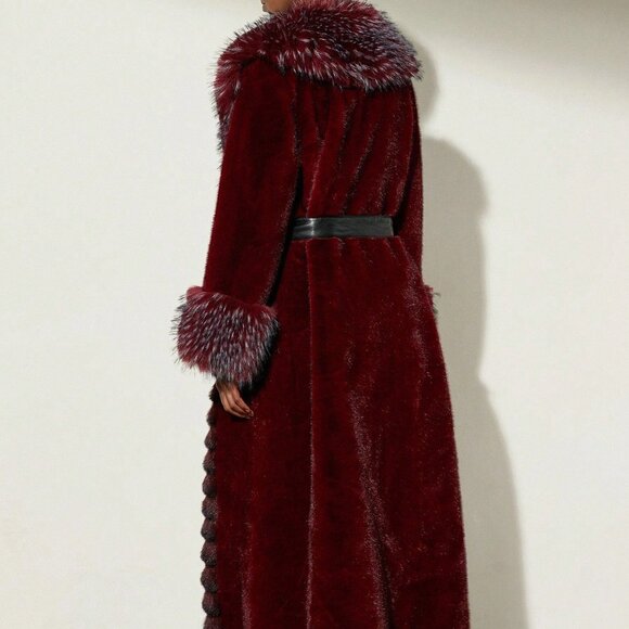 Burgundy Casual Slim Fit Women's Faux Fur Coat - Picture 2 of 7